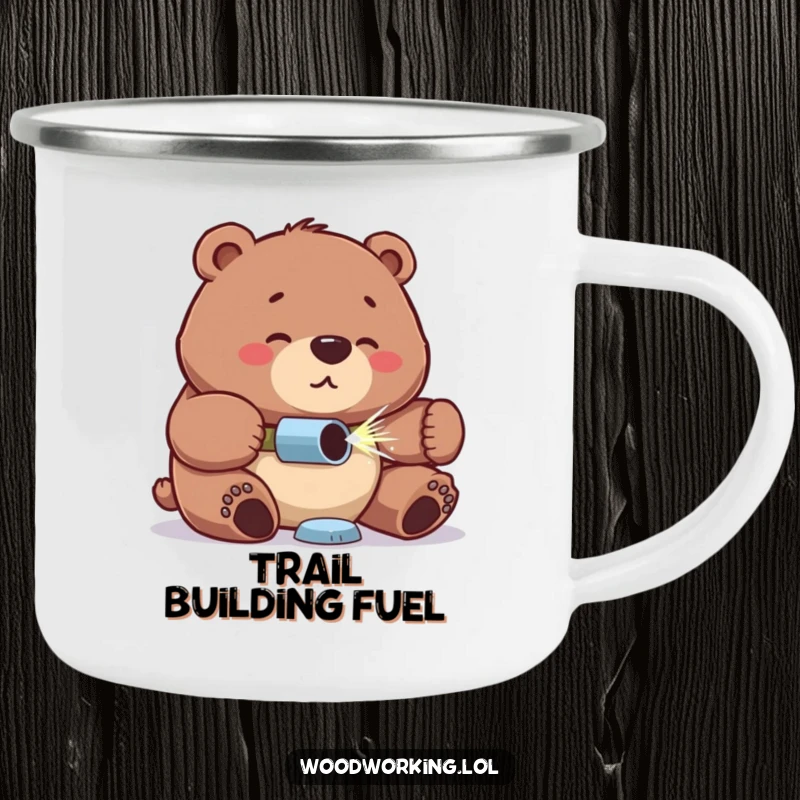 Funny bear camping mug, proud expression, focused look drilling, ideal for outdoor lovers who appreciate hard work and humor.