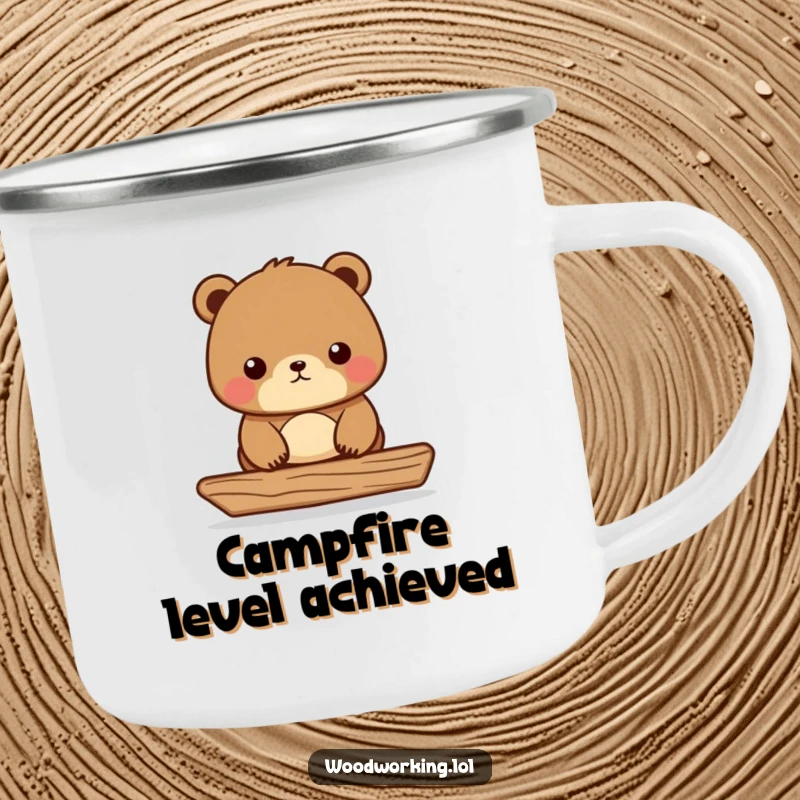 Funny Bear Carpenter Camping Mug depicting a focused bear using a level on wood, a humorous outdoor gift.