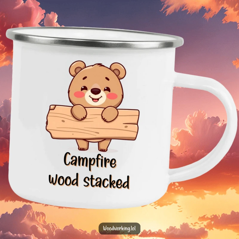 Funny camping mug, bear holding wood plank, proud outdoorsman, rugged construction humor.