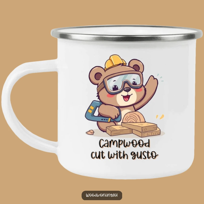 Funny Bear Sawing Camping Mug: Adventure with Happy Woodworking Humor
