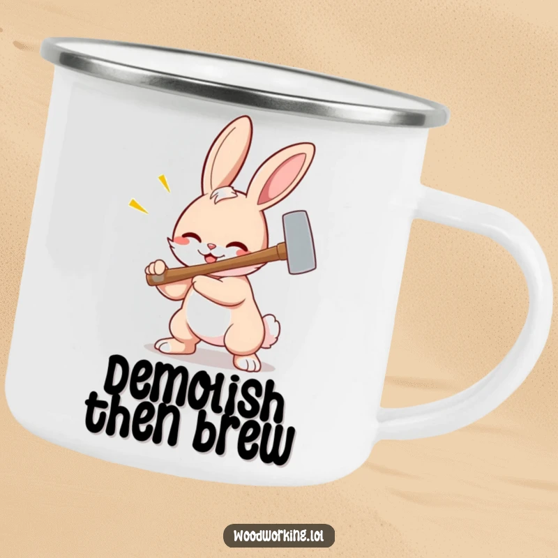 Funny bunny camping mug, a smiling cartoon bunny wielding a hammer, designed for rustic humor and outdoor adventures.
