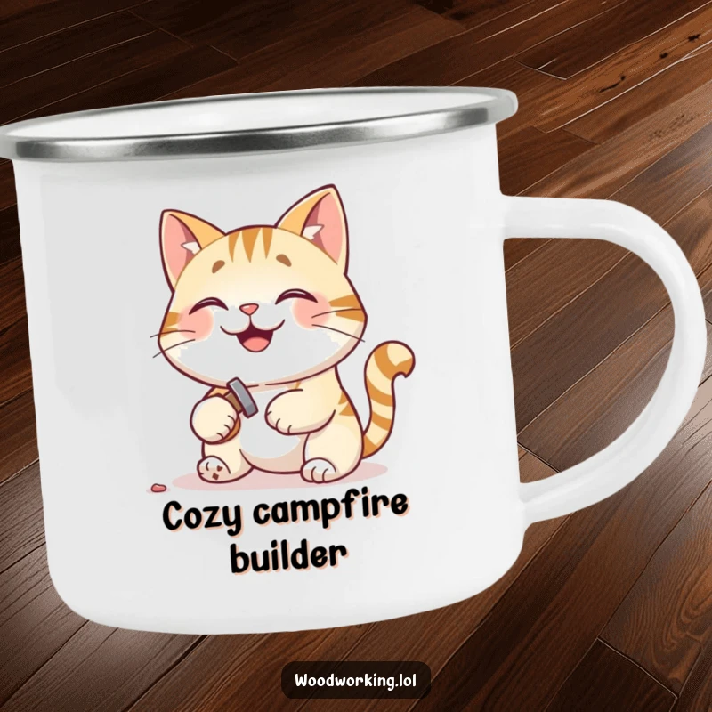 Funny camping mug featuring a pleased cat hammering a tiny nail, perfect for outdoor DIY sessions.