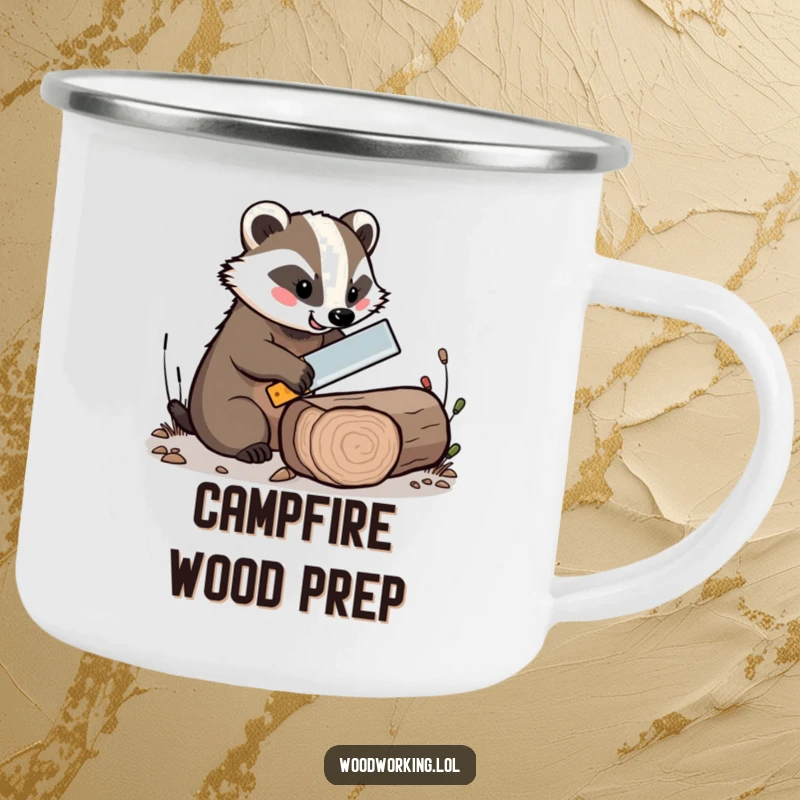Funny camping mug featuring a cheerful badger expertly sawing a log with a tiny saw, durable and humorous.