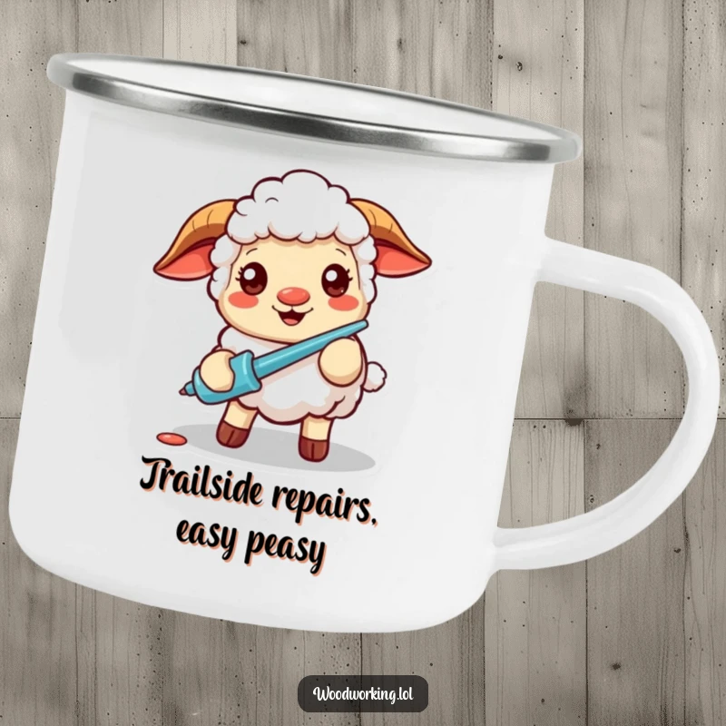 Funny camping mug featuring a cheerful sheep with a screwdriver, ready for adventure, perfect for outdoor enthusiasts who appreciate humor.