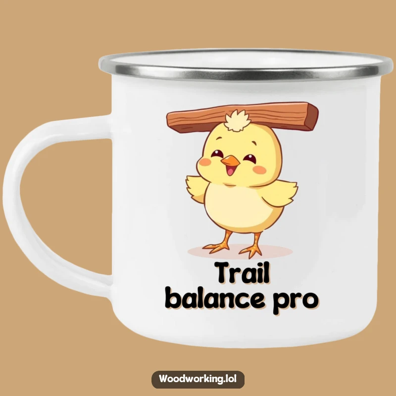 Funny Chick Camping Mug: Giggling Bird Balances on Adventures