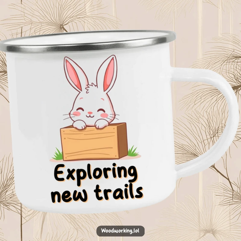 Funny camping mug showing a curious bunny peering into a wooden toolbox with excitement, ready for adventure.