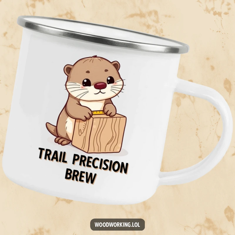 Funny curious otter camping mug, precisely measuring a block of wood with a tape measure, perfect for enjoying beverages during outdoor planning.