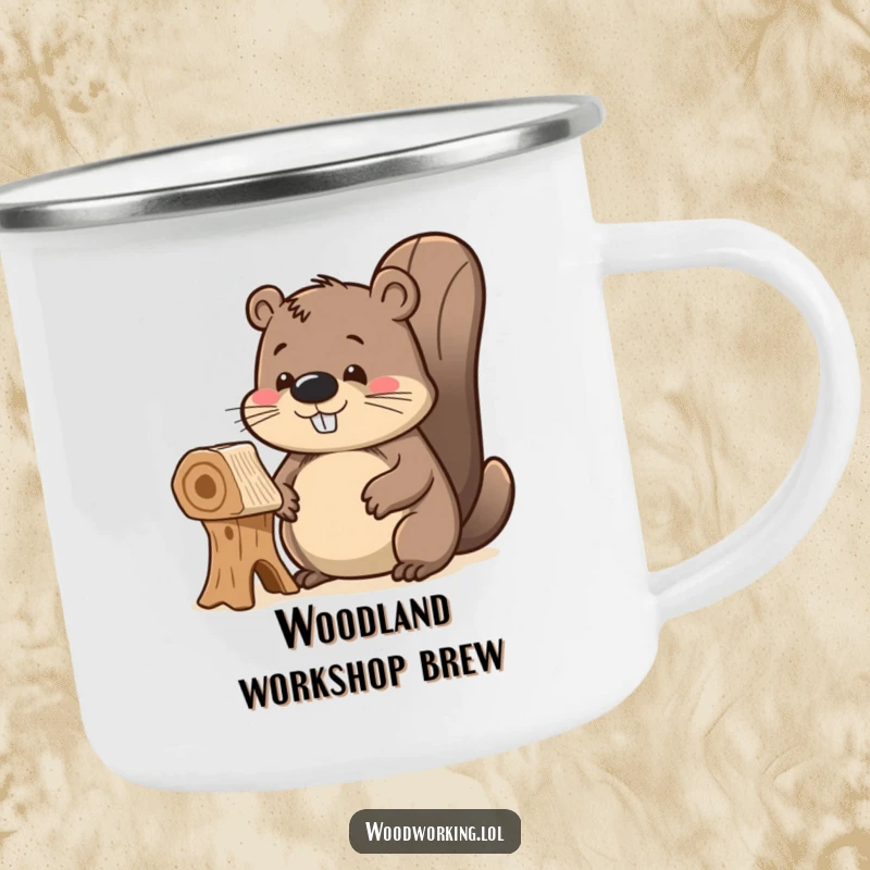 Funny delighted beaver camping mug, proudly admiring its unfinished wooden creation, perfect for enjoying beverages while celebrating projects.