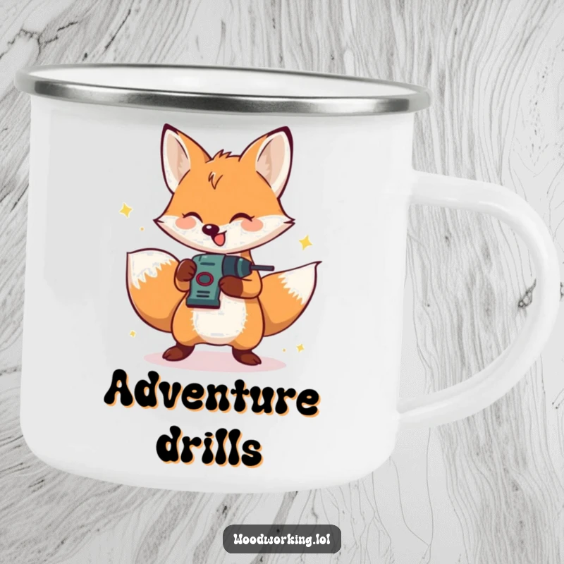 Funny camping mug featuring a happy fox energetically operating a small drill, perfect for outdoor projects.