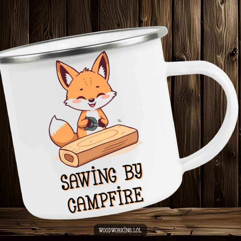 Funny camping mug illustration of a cheerful fox sawing wood with rhythmic movements, for outdoor crafters.