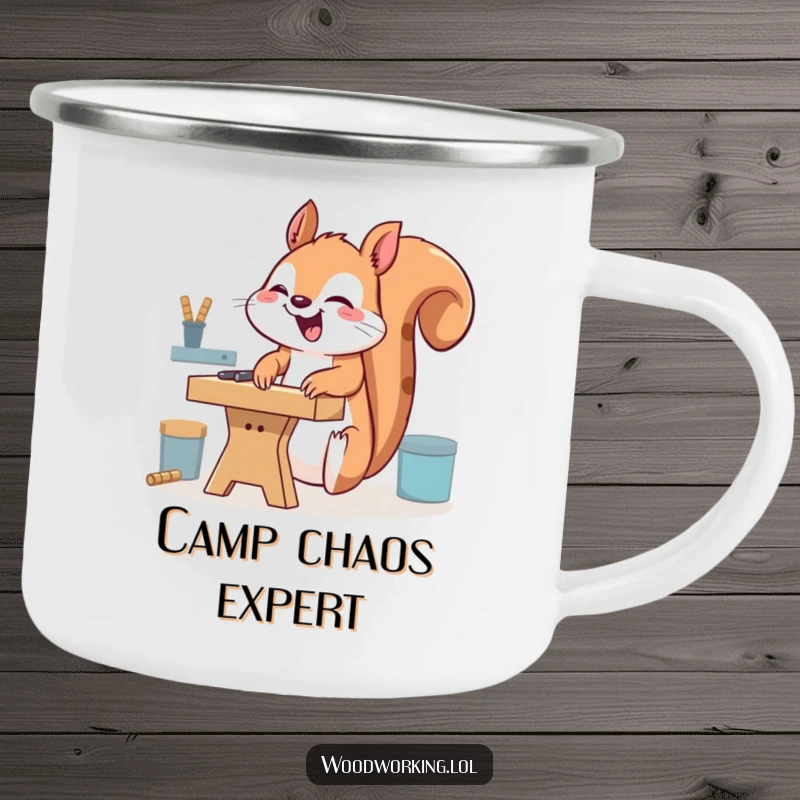 Funny giggling squirrel camping mug, humorously using a workbench upside down, perfect for enjoying beverages during outdoor adventures.