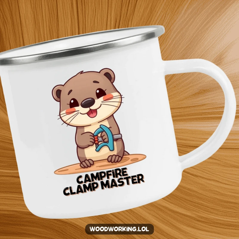 Funny camping mug with a cheerful otter using a clamp on wood, perfect for enjoying drinks outdoors.