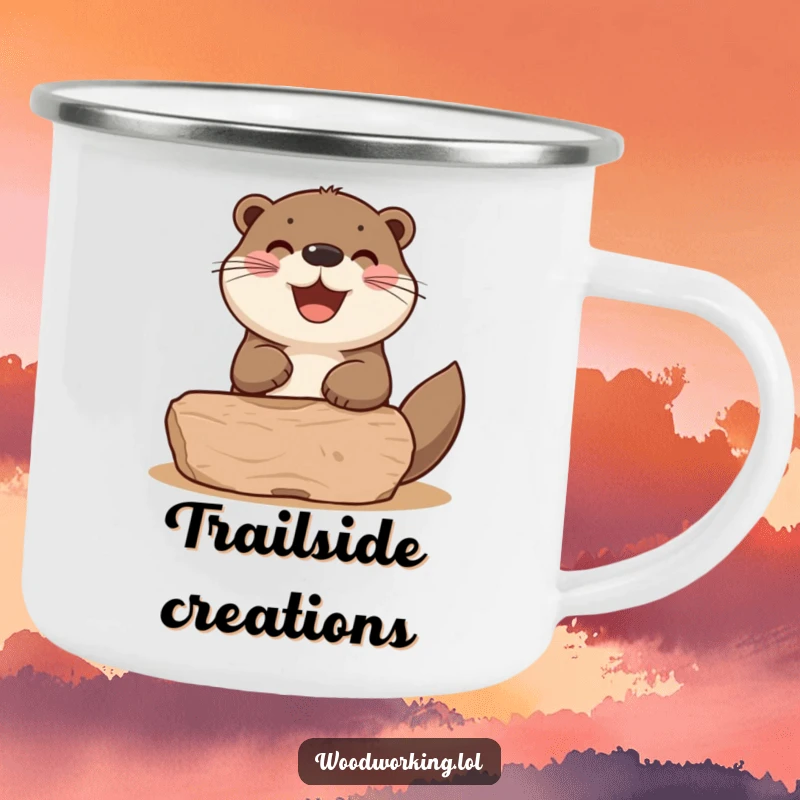 Funny otter sanding a wooden shape, perfect for this durable camping mug for creative outdoor enjoyment.