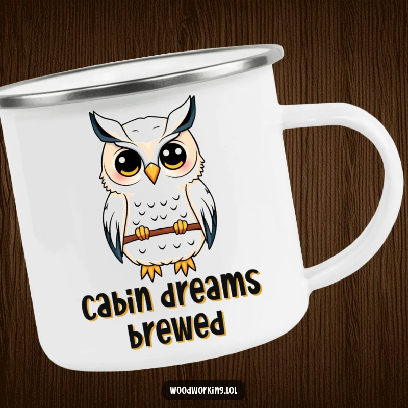 Funny owl camping mug showing a content owl sketching a birdhouse blueprint, perfect for planning outdoor projects.