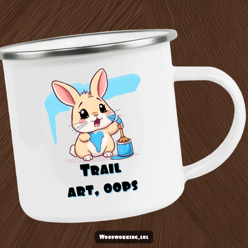 Funny rabbit camping mug featuring a surprised bunny covered in blue paint, perfect for outdoor enthusiasts who love art and humor.