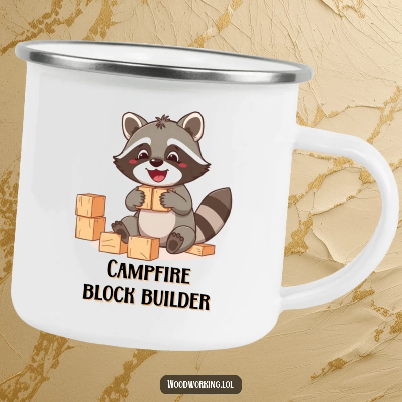 Funny Raccoon Camping Mug: A jolly raccoon building blocks outdoors, ready for fun, a funny gift.