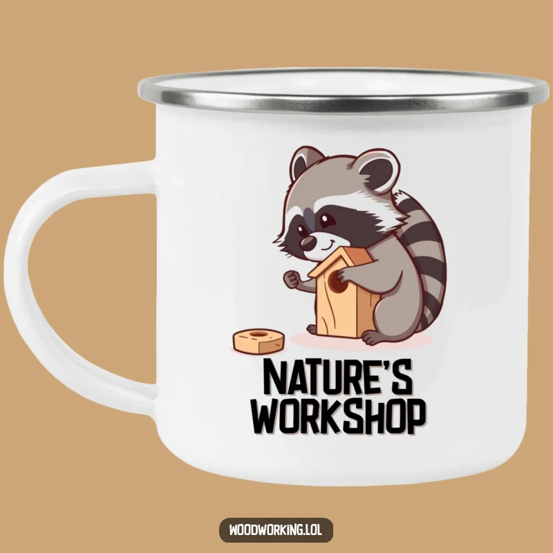 Funny Raccoon Sanding Birdhouse Camping Mug: Curious Carpenter Drinkware for Outdoor Projects