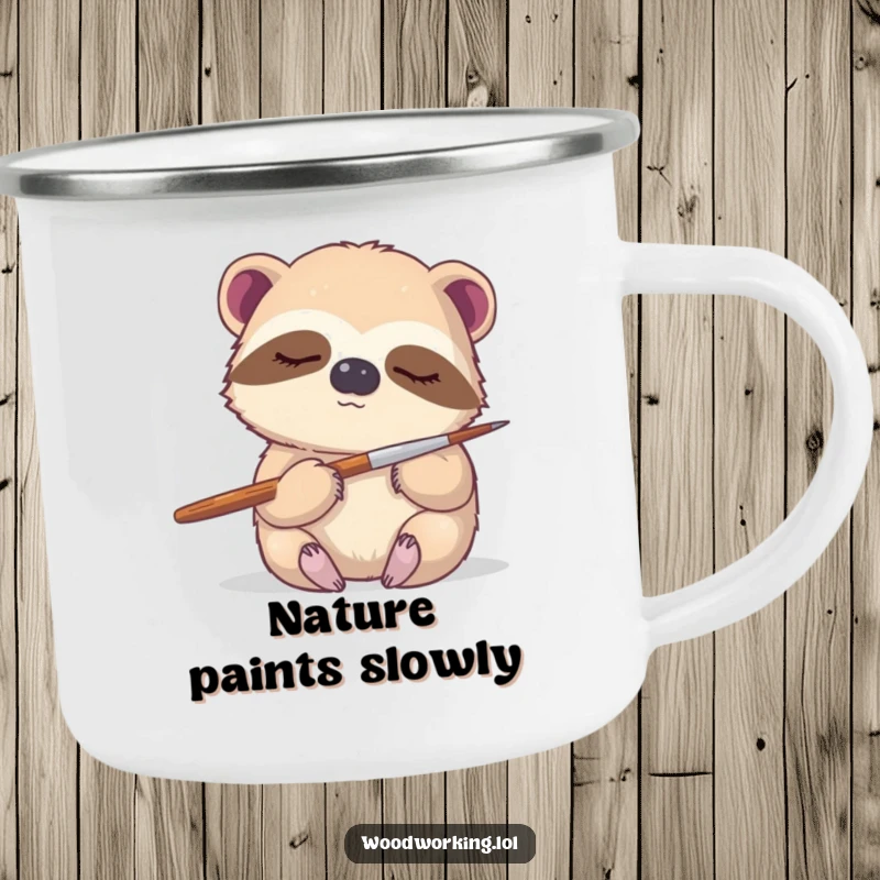 Funny sloth camping mug, a sleepy sloth gently holding a paintbrush, ready for artistic expression in the great outdoors.