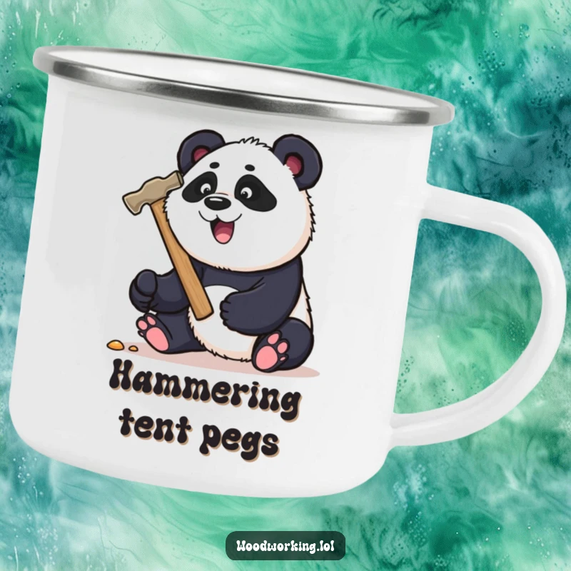 Funny panda carpenter camping mug, playfully hammering a nail with a large hammer, perfect for outdoor fun.