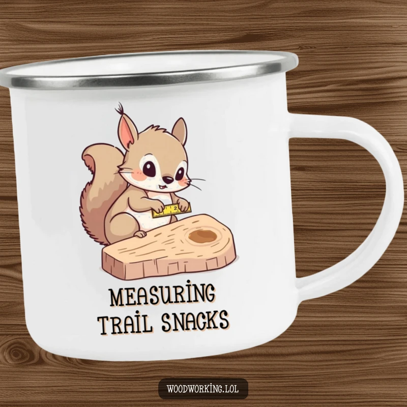 Funny squirrel measurer camping mug, curiously measuring wood with a tape measure, perfect for outdoor adventures.