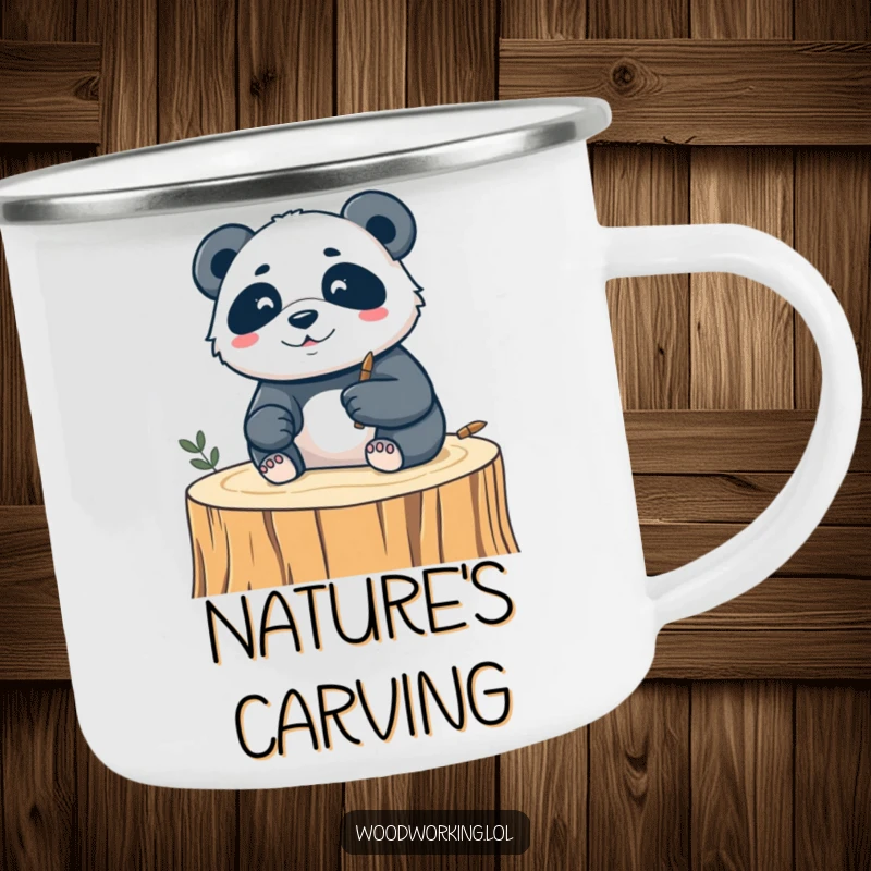 Funny enamel camping mug featuring a silly panda intently carving a delicate design into wood, ideal for outdoor creativity.