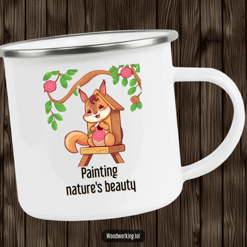 Funny squirrel artist painting a birdhouse on a durable camping mug, perfect for nature lovers.