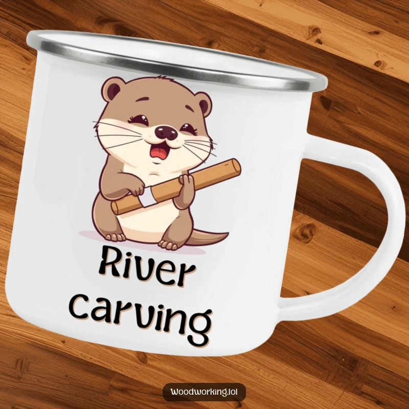 Funny otter camping mug, giggling expression, using a chisel with dexterity, ideal for outdoor lovers who appreciate crafts and humor.