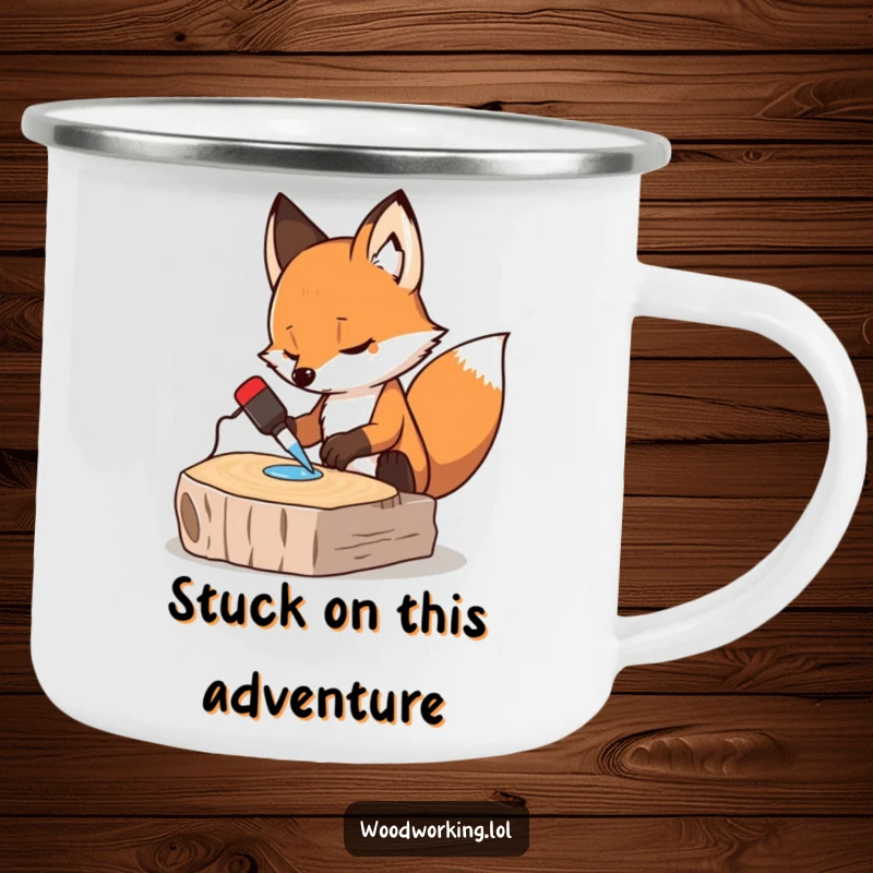 Funny camping mug with a determined fox gluing wood, a humorous and sturdy vessel for outdoor enthusiasts.