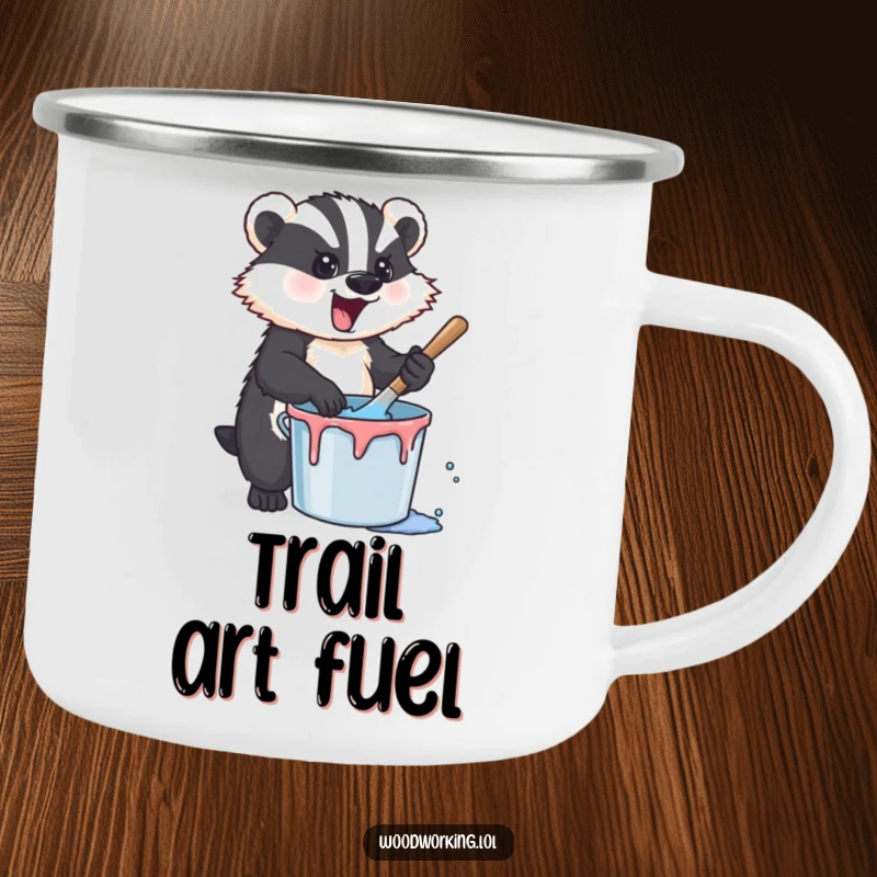 Funny badger stirring paint on a durable camping mug, combining artistic energy with rugged outdoor humor for adventurers.