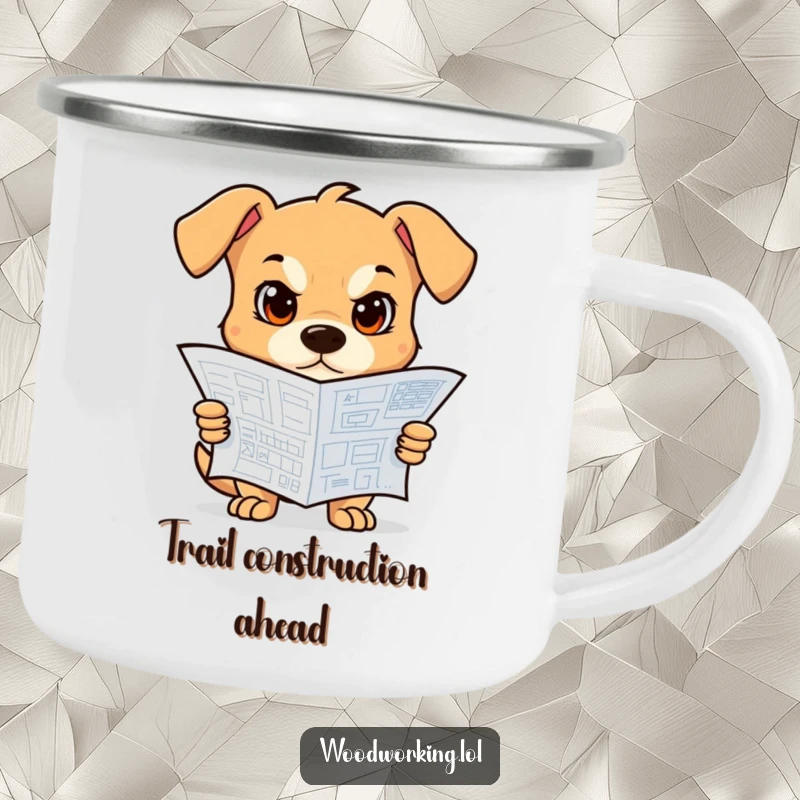 Funny Dog Camping Mug: A determined dog holding a blueprint, ready for the outdoors, a funny gift.