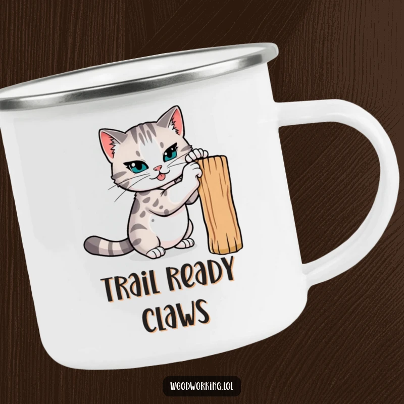 Funny cat camping mug, a determined cat sharpening its claws on a wooden post, ready for outdoor challenges with feline tenacity.