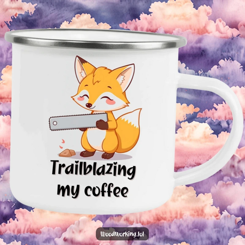 Funny fox camping mug featuring a curious fox holding a saw, perfect for enjoying drinks outdoors while planning.
