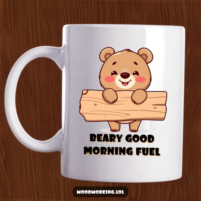 Funny mug, cheerful bear holding a plank of wood, proud carpenter, DIY enthusiast.