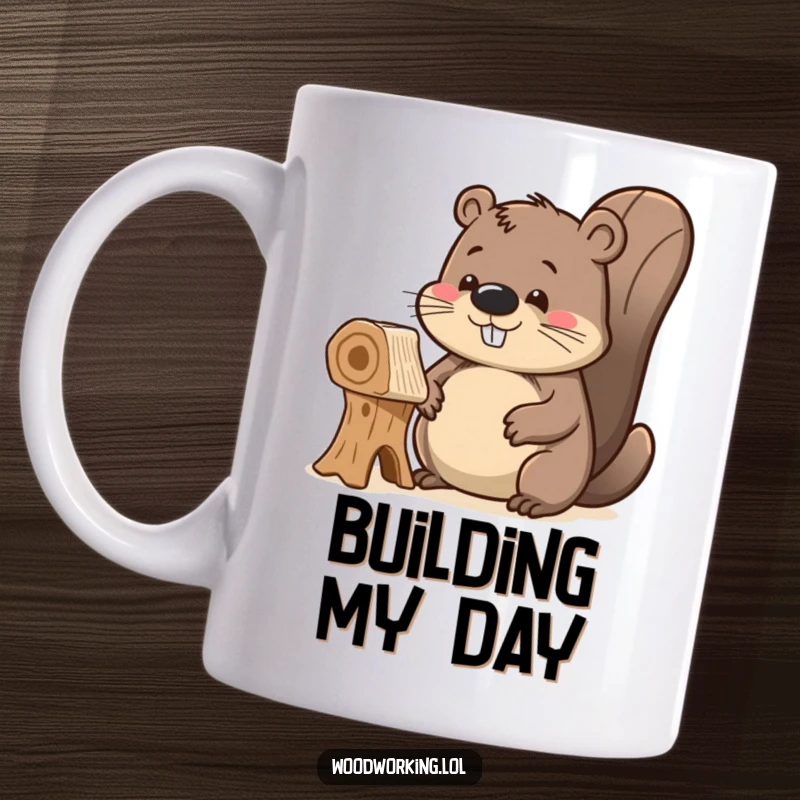 Funny delighted beaver mug, proudly admiring its unfinished wooden creation, showcasing pride and the joy of building.