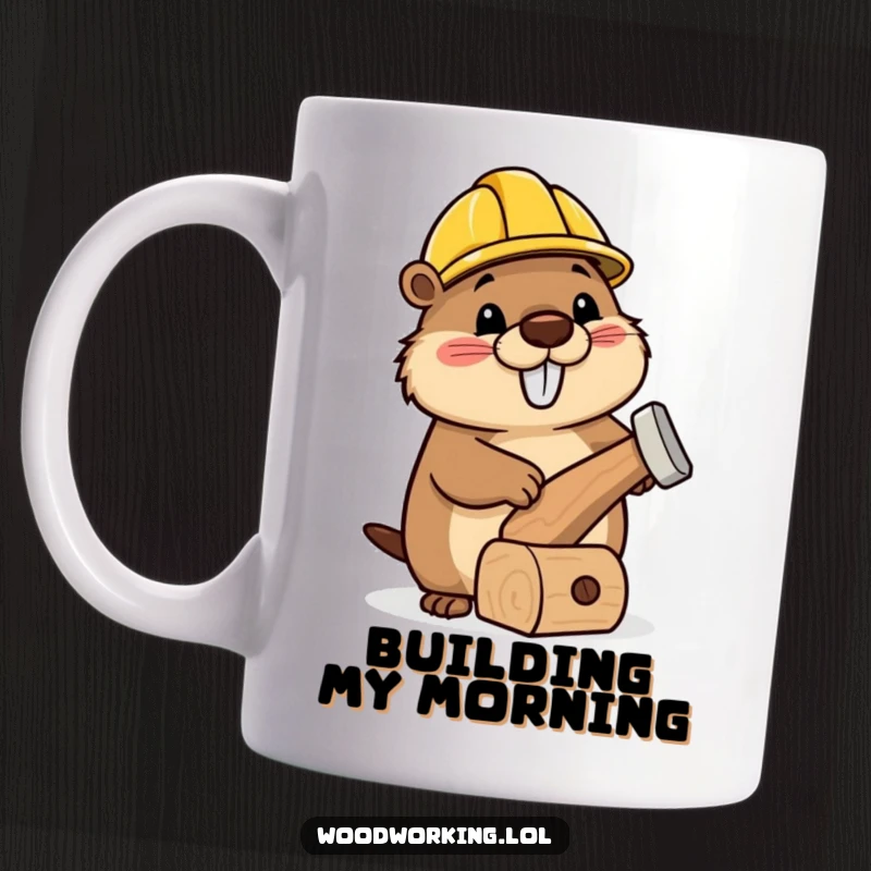 Funny mug featuring a happy beaver wearing a tiny hard hat, hammering a delightfully wonky wooden toy.