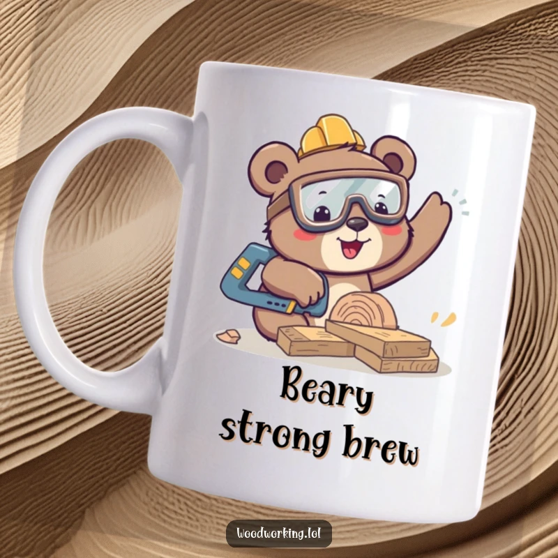 Funny, happy bear wearing safety goggles, enthusiastically sawing wood, symbolizing joy in creation, perfect for a woodworking funny gift.