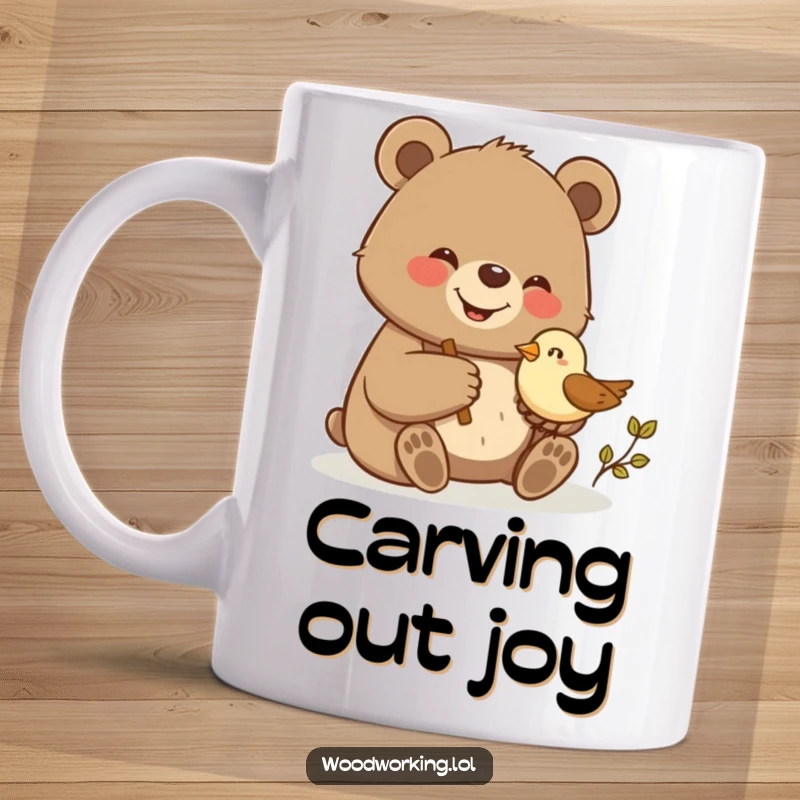 Funny bear giggling while proudly carving a small wooden bird, depicted on this humorous mug.
