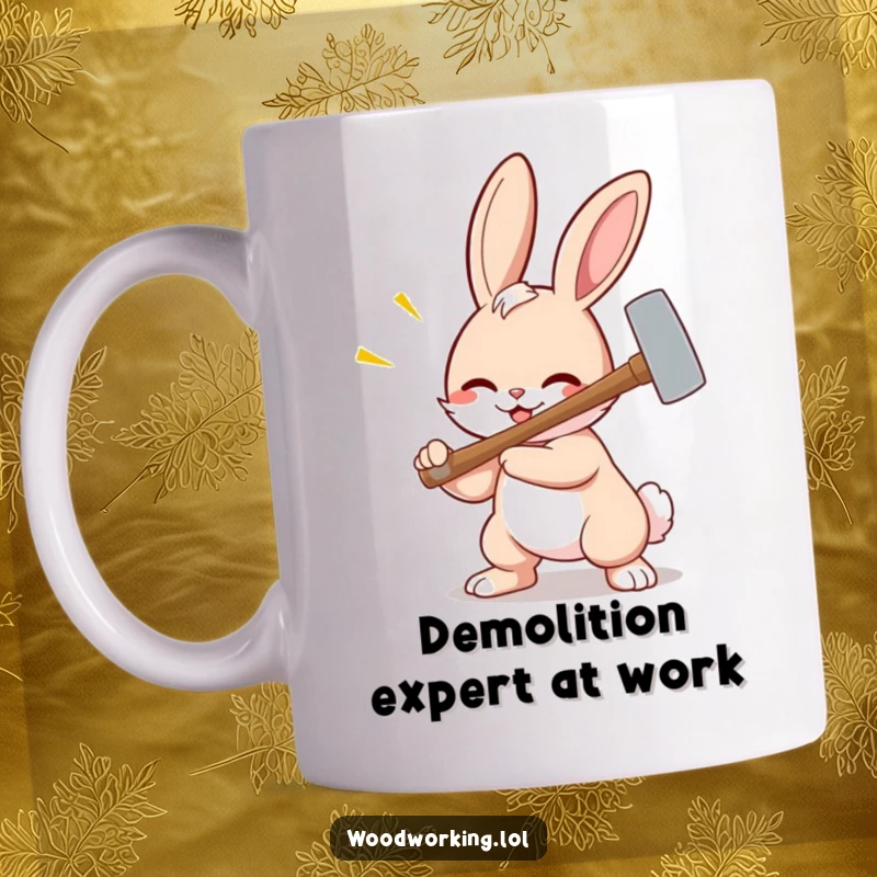 Funny bunny mug, a smiling bunny aggressively hammering a nail with extreme force and a determined expression, cartoon style.