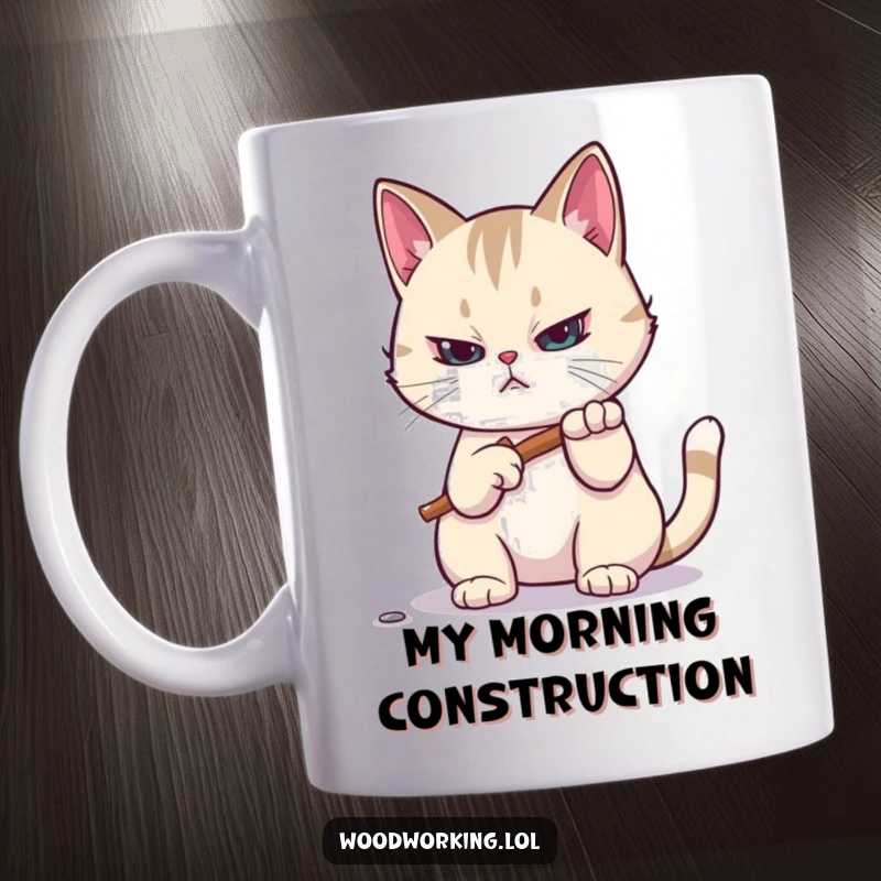 Funny mug: A focused cat determinedly hammers a tiny nail, showcasing DIY prowess and humor for a gift.