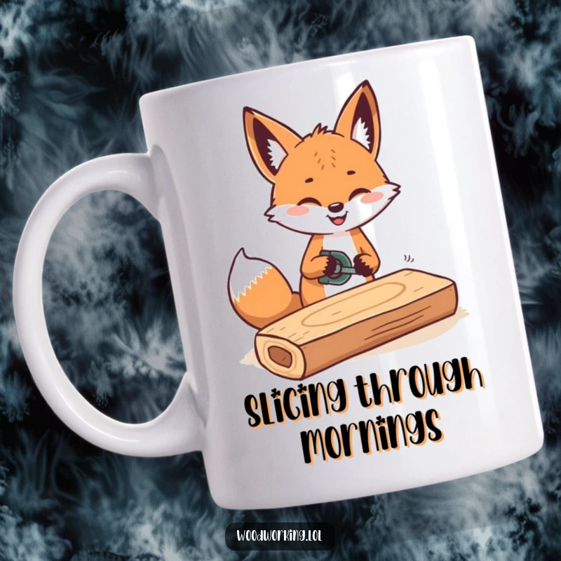 Funny mug showing a cheerful fox rhythmically sawing a plank of wood with a happy expression.