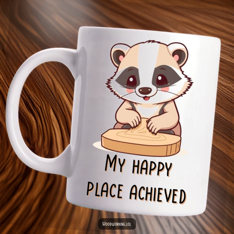 Funny mug showing a happy badger intensely sanding wood with a focused, determined expression, perfect for crafters and DIY lovers.