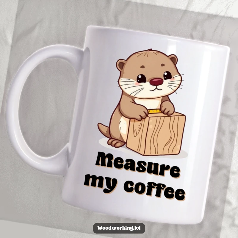Funny curious otter mug, precisely measuring a block of wood with a tape measure, showcasing diligence and playful investigation.
