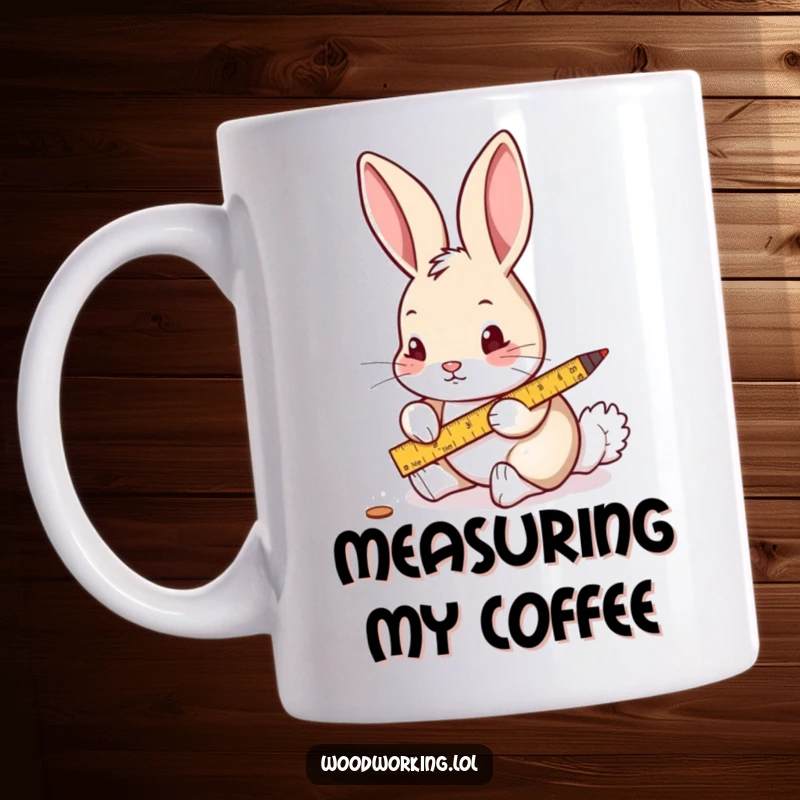 Funny mug showing a curious rabbit carefully measuring wood with a ruler and pencil, ideal for crafters.