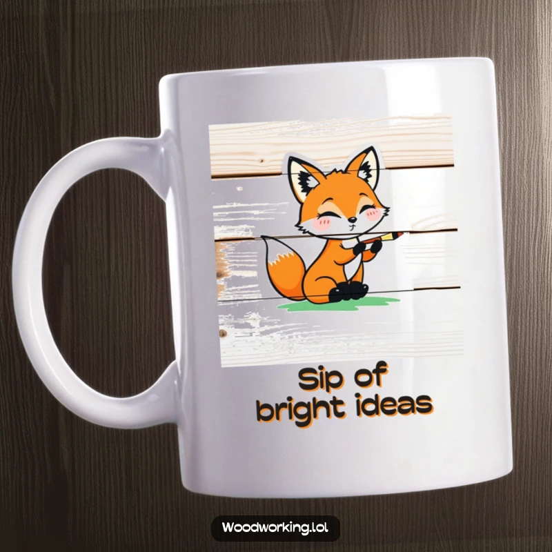 Funny playful fox carefully painting a colorful design on a wooden plank, perfect for a mug.