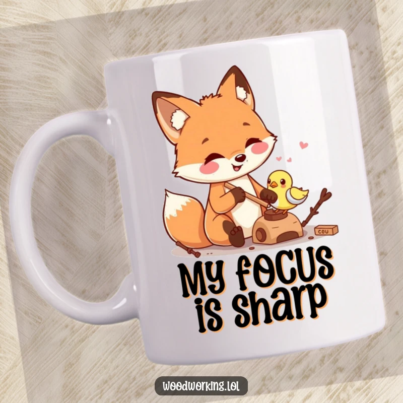 Funny smiling fox meticulously carving a small wooden bird on a mug, showcasing skillful craftsmanship and a joyful, creative spirit.