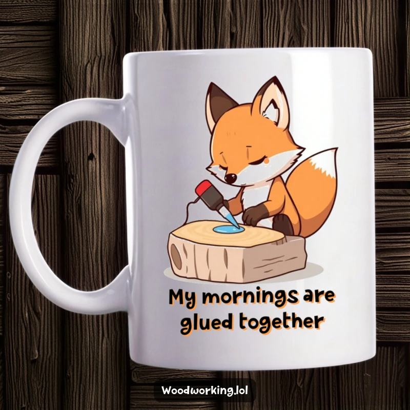 Funny mug showcasing a determined fox carefully applying glue to wood pieces, illustrating a passion for DIY projects and humor.