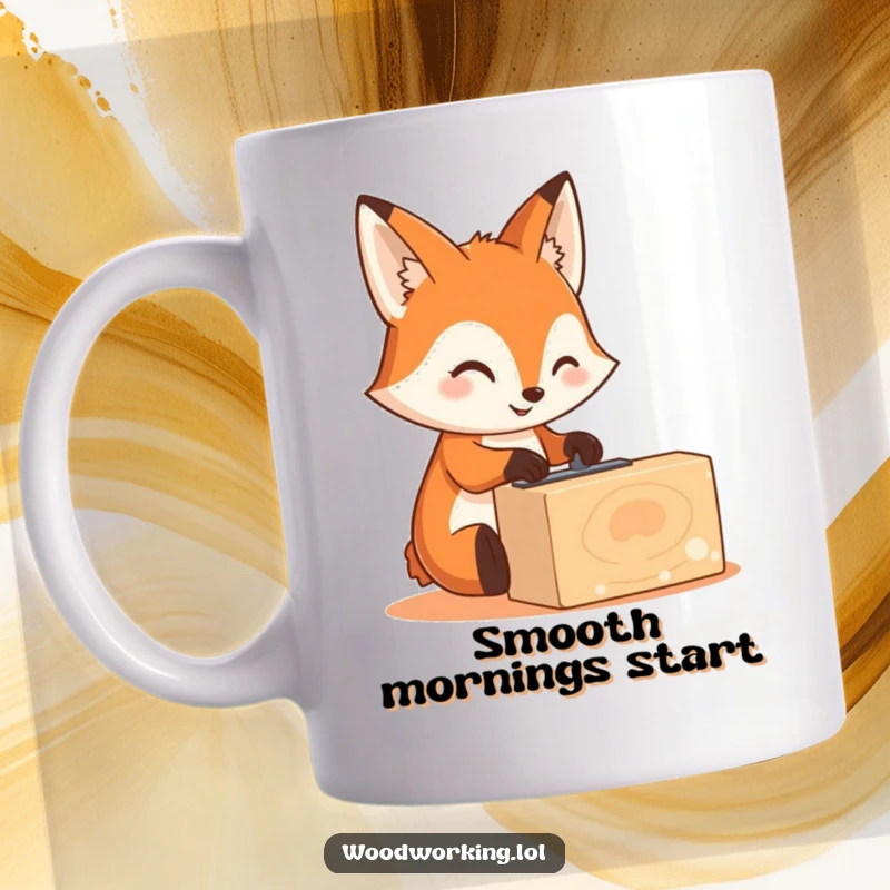 Funny, cute fox carefully sanding a block of wood with a smile, symbolizing patience and craftsmanship, perfect for a woodworking funny gift.