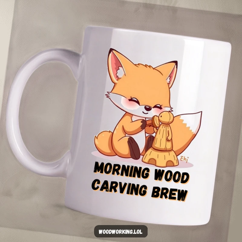 Funny fox mug showing a playful fox happily chiseling a small, intricate wooden figure, embodying crafting joy.