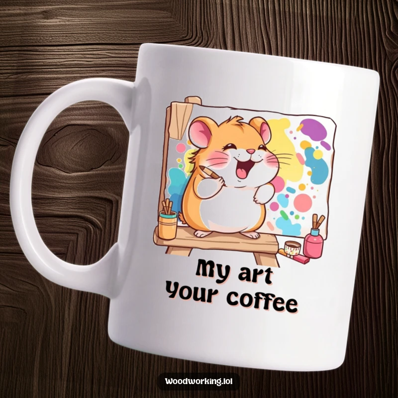 Funny hamster mug showing a giggling hamster enthusiastically painting a vibrant mural on a wooden board with artistic flair.