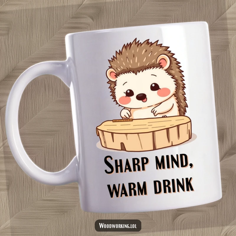 Funny mug featuring a happy hedgehog carefully measuring a piece of wood with a tape measure.
